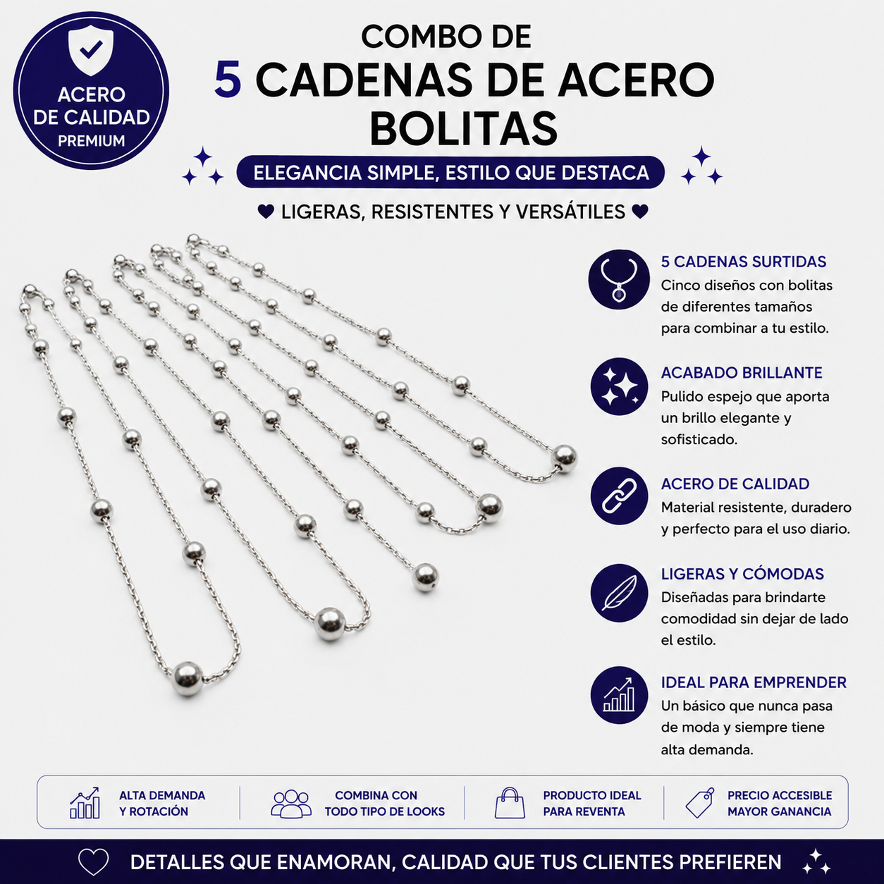 COMB165- COMBO CADENAS BOLITAS DE ACERO POR 5 UNIDADES ( IMAGEN ILUSTRATIVA, PRODUCTOS SIN ELECCION SURTIDOS)