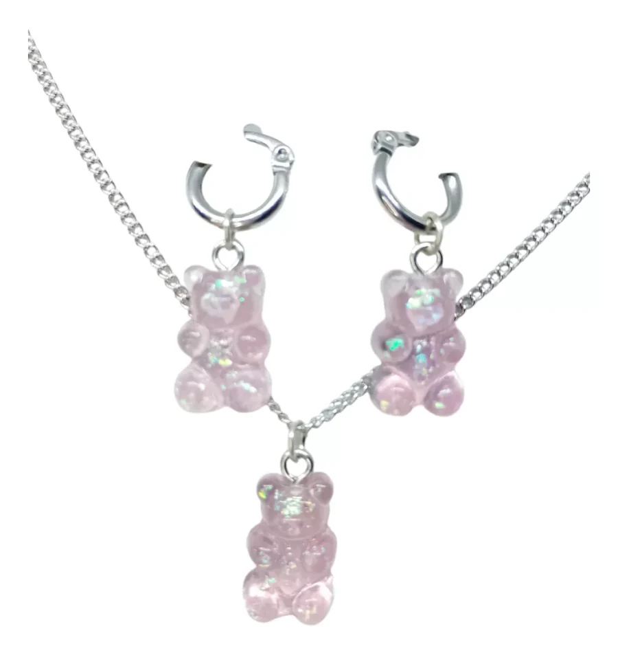 CAY01- CONJUNTO COLLAR + ARGOLLAS PLATA 925 CON OSITOS YUMMI