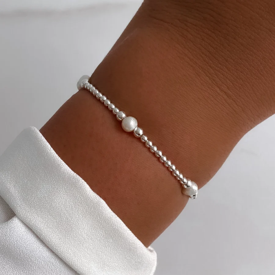 PULE907- PULSERA ITALIANA CON BOLITAS Y PERLAS PLATA 925