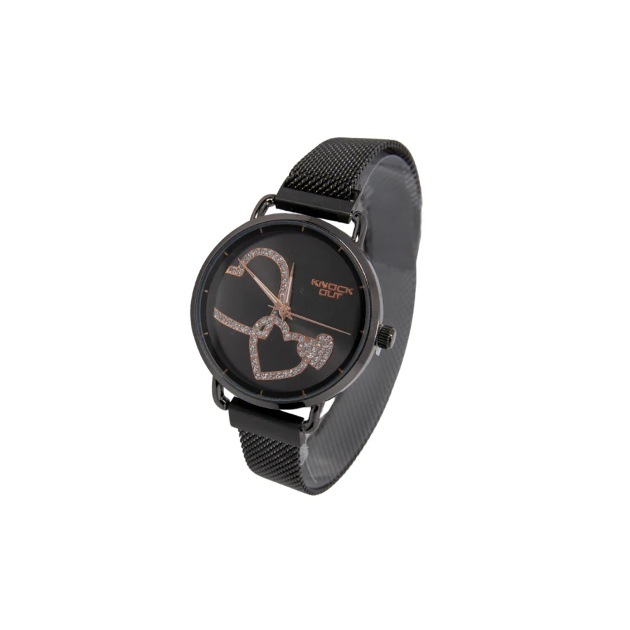 RELOJ DE MALLA FINA NEGRA CON CORAZONES EN ROSÉ Y ZIRCONIAS - Imagen 2