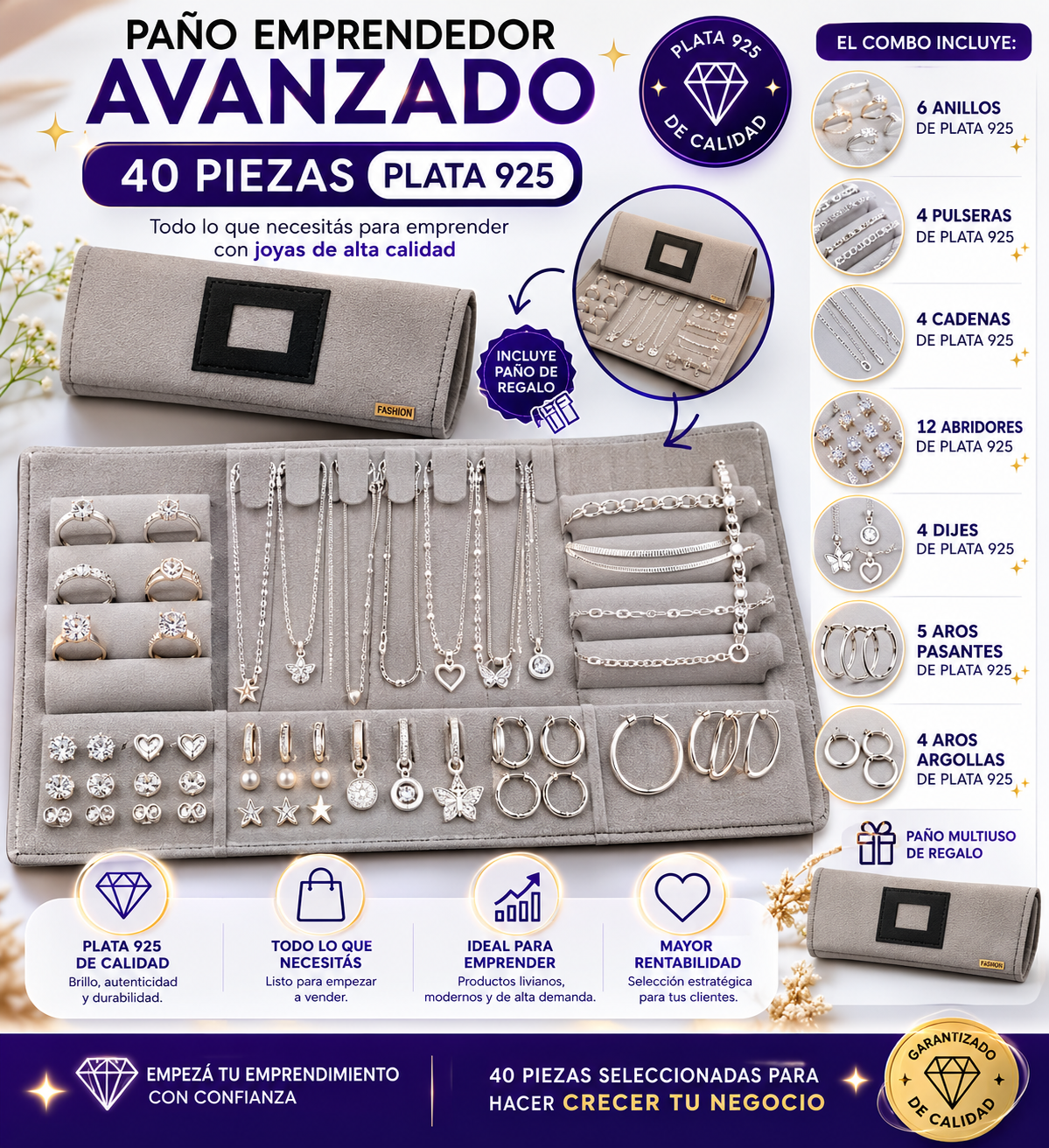 PAÑO EMPRENDEDOR AVANZADO 40 PIEZAS PLATA 925 ARMADO (foto ilustrativa) - PA0501A