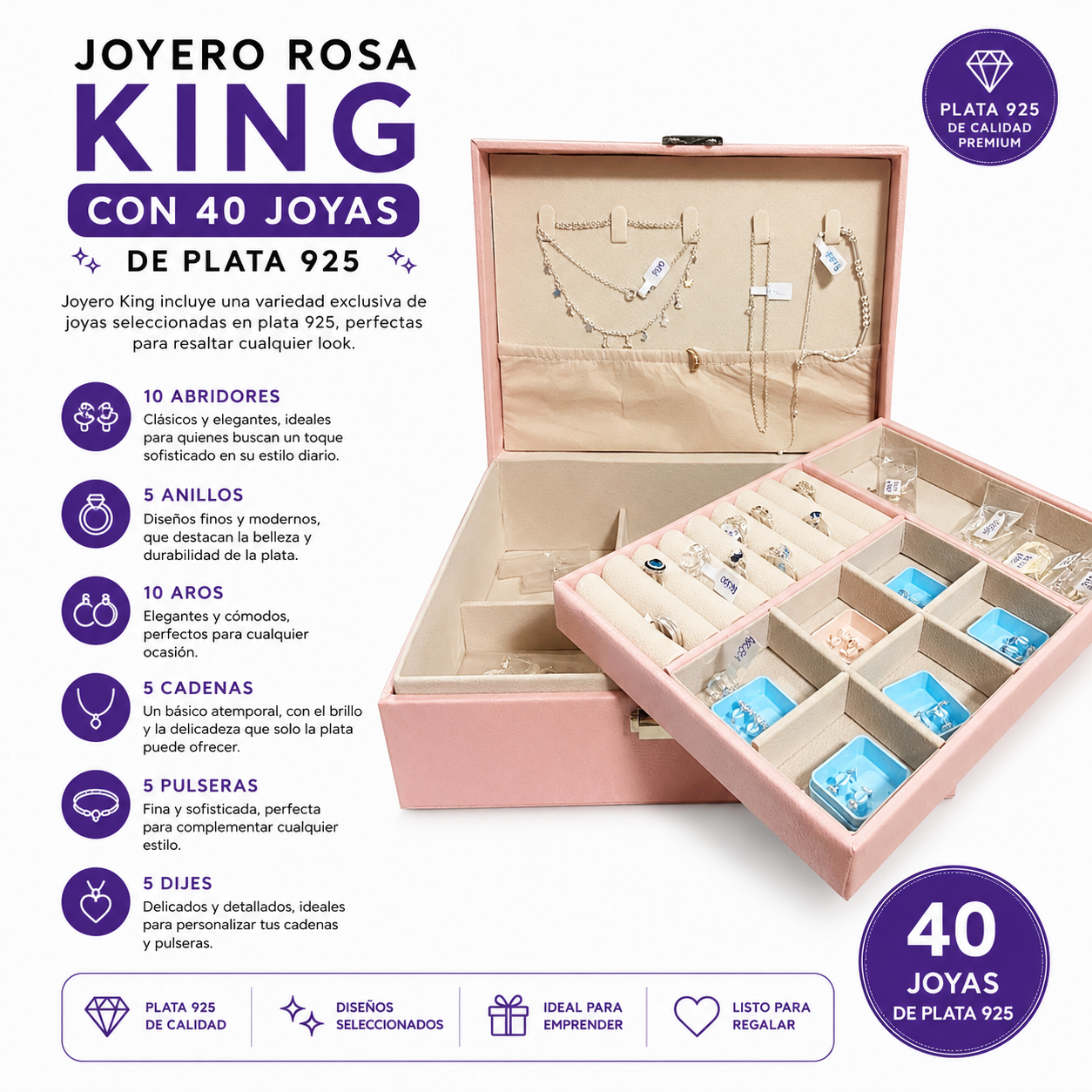 JOY0600-JOYERO ROSA KING CON 40 JOYAS DE PLATA 925 (PRODUCTOS SIN ELECCION, SURTIDOS)