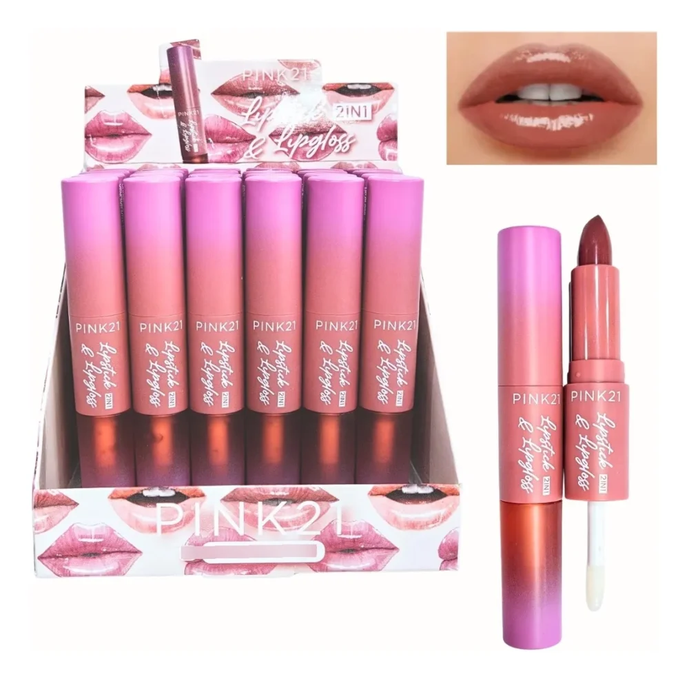 Labial & Lip Gloss 2 En 1 Lipstick Doble Make Up Pink 21