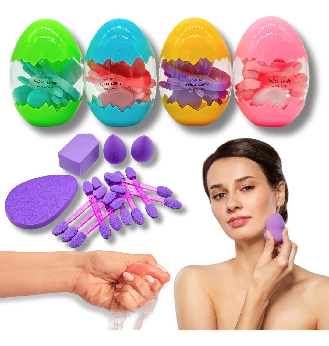 Set Aplicadores + Esponjas Blender P/maquillaje Forma Huevo