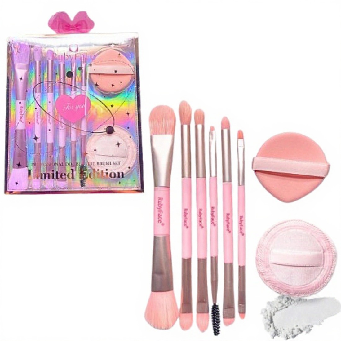 Set X6 Brochas Doble Punta + 2 Esponjas Para Maquillaje