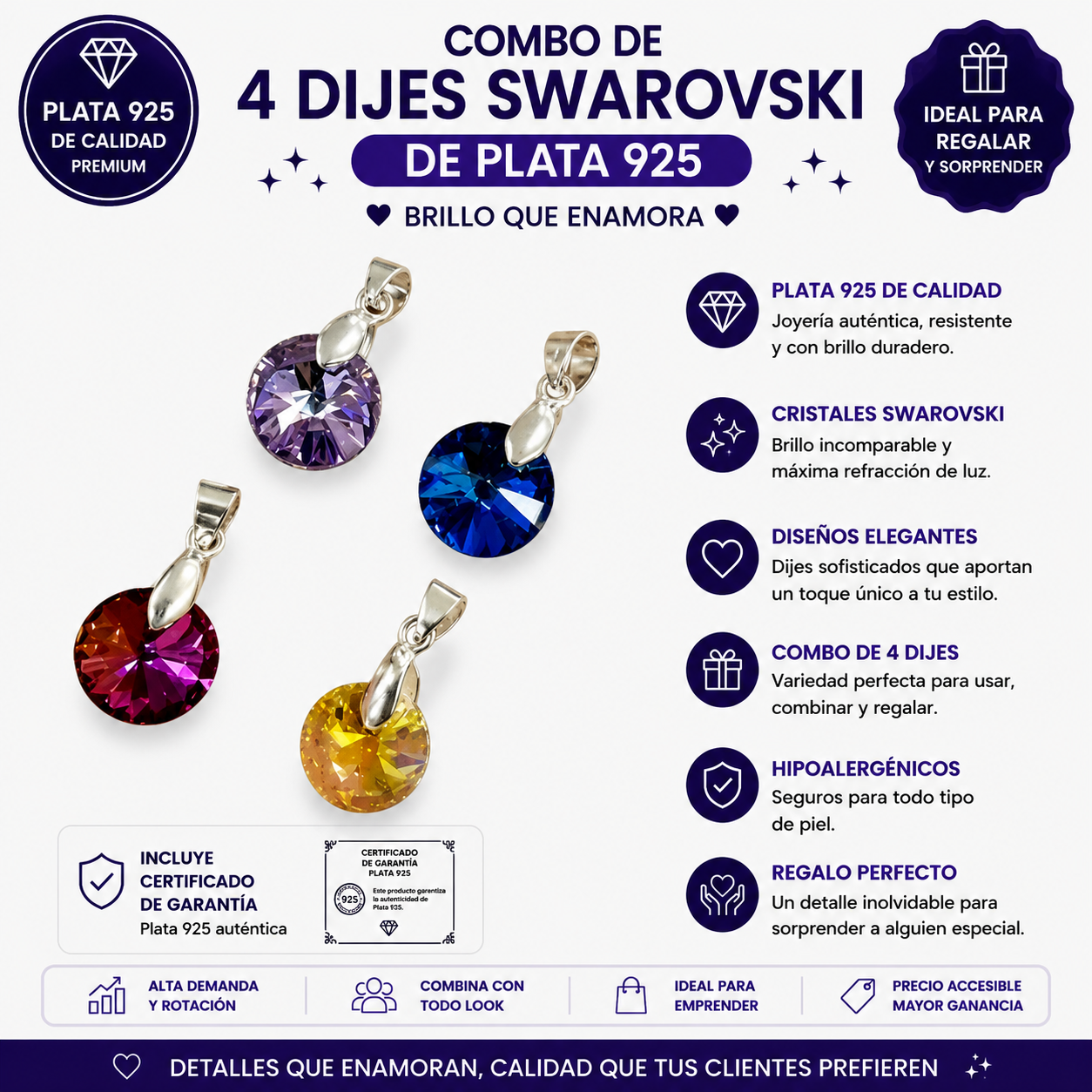 COMB1512- KIT 4 DIJES SWAROVSKI DE PLATA 925 (Imagen ilustrativa)