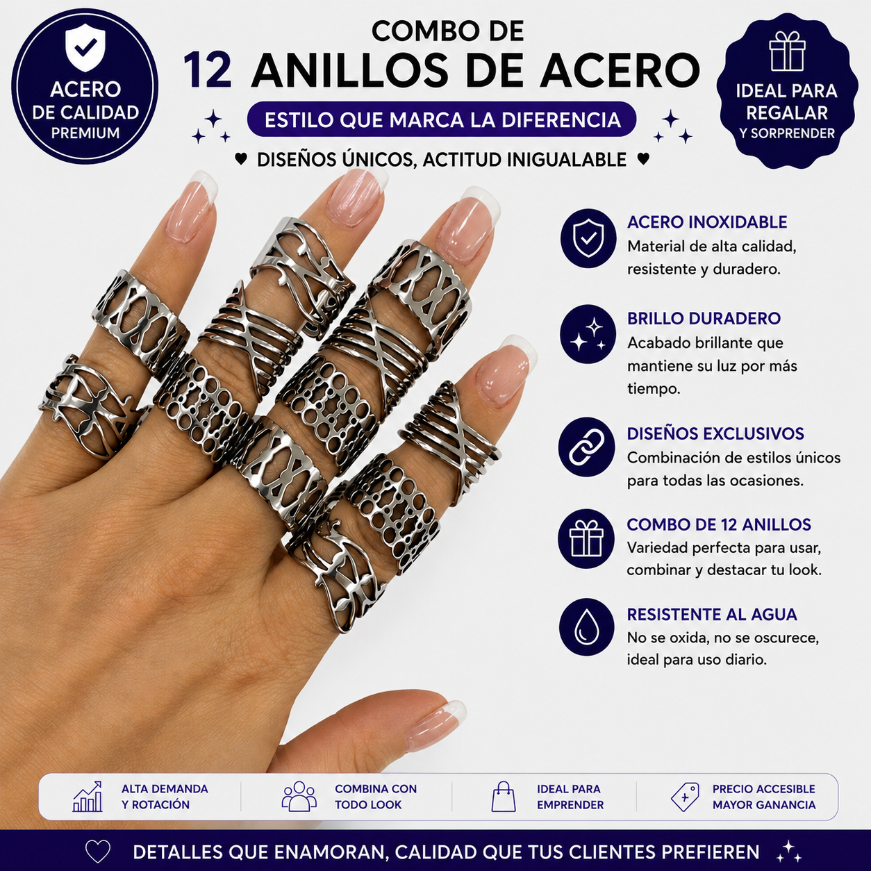 COMB1524- KIT 12 ANILLOS DE ACERO (Imagen ilustrativa)
