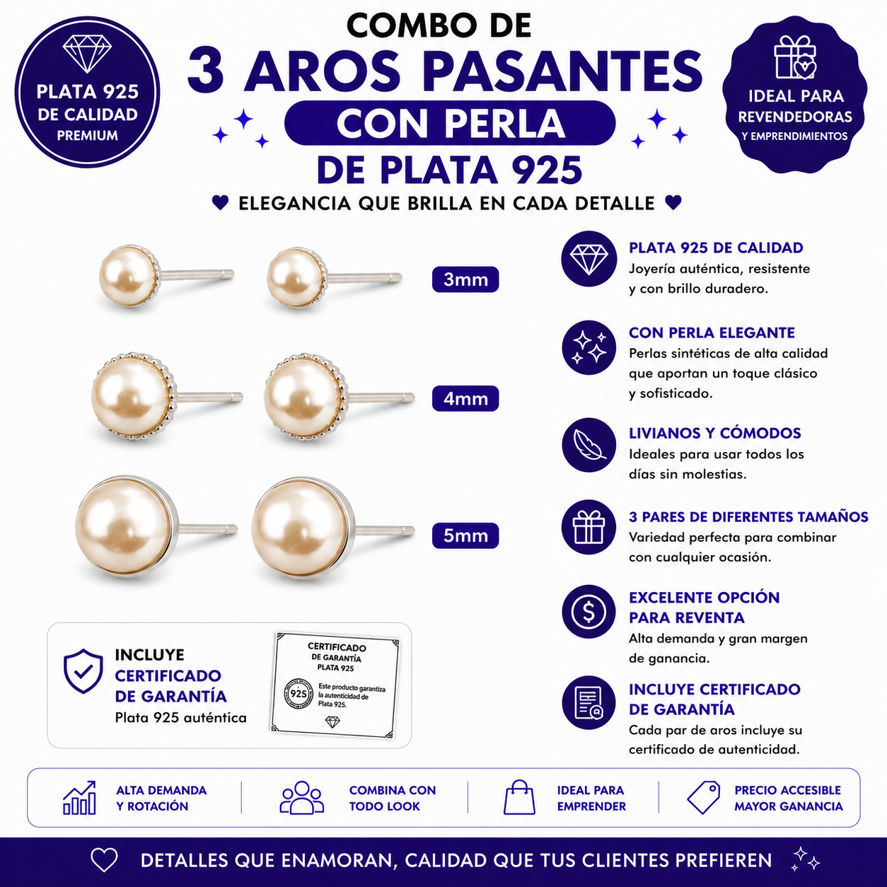 COMB1509- KIT 3 PARES AROS PASANTE CON PERLA DE PLATA 925 (Imagen ilustrativa)