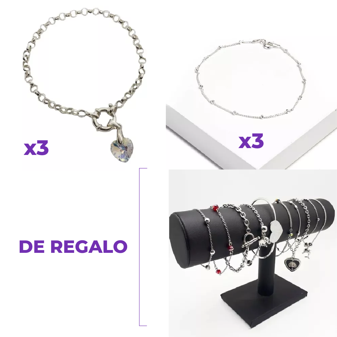 COMBO EMPRENDEDOR PLATA 925 3 PULSERAS CON DIJE CRISTAL SWAROVSKI / COMBO EMPRENDEDOR PLATA 925 PULSERAS (IMAGEN ILUSTRATIVA, PRODUCTOS SIN ELECCION SURTIDOS)10 PIEZAS + COMBO PULSERAS DE ACERO BLANCO Y DORADO POR 10 UNIDADES DE REGALO (
