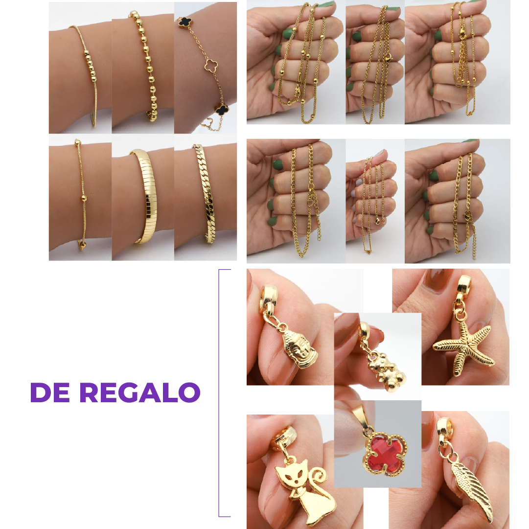 KIT PULSERAS DE ACERO DORADO X 6 / KIT 6 CADENAS DE ACERO DORADO + KIT DIJES DE ACERO DORADO X 6 DE REGALO (IMAGENES ILUSTRATIVAS DE REFERENCIAS, COLORES SIN ELECCION)