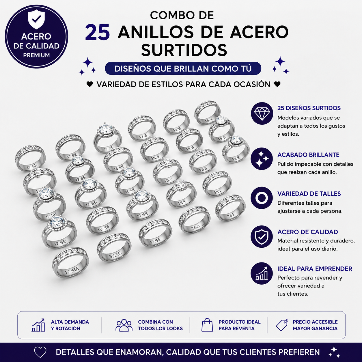 COMB1620- COMBO ANILLOS SURTIDOS DE ACERO POR 25 UNIDADES (IMAGEN ILUSTRATIVA, PRODUCTOS SIN ELECCION SURTIDOS)