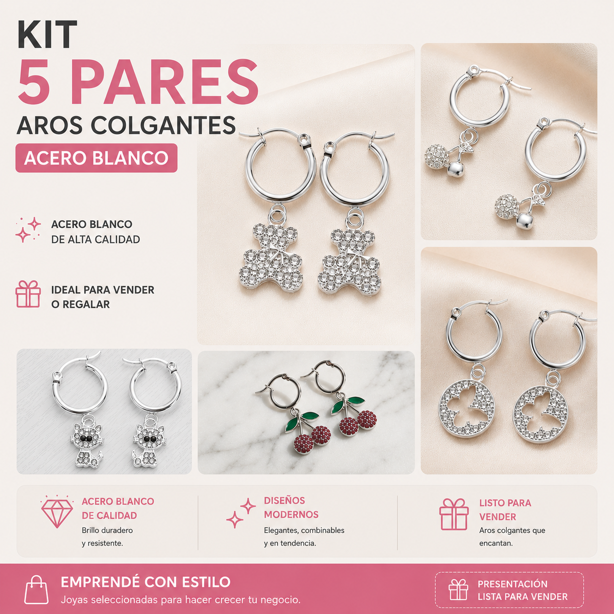 COMB4550- COMBO AROS COLGANTES DE ACERO POR 5 PARES (Imagen Ilustrativa)