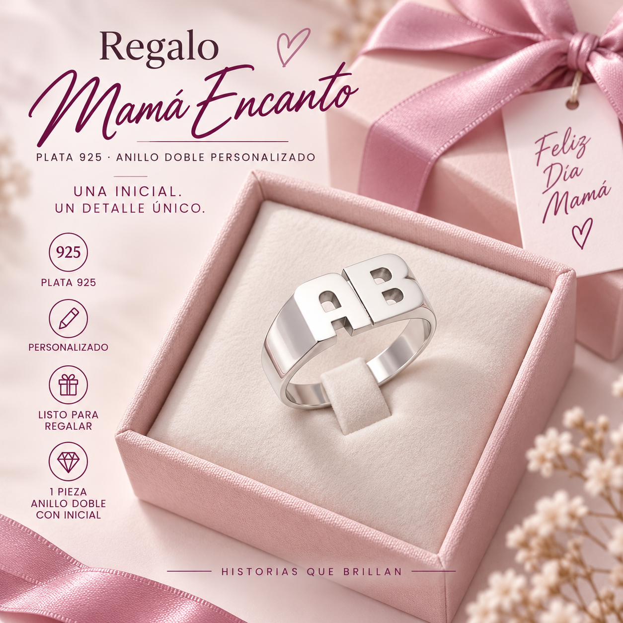 COMB2500- COMBO REGALO MAMA ENCANTO ANILLO INICIALES PLATA 925 (IMAGEN ILUSTRATIVA)
