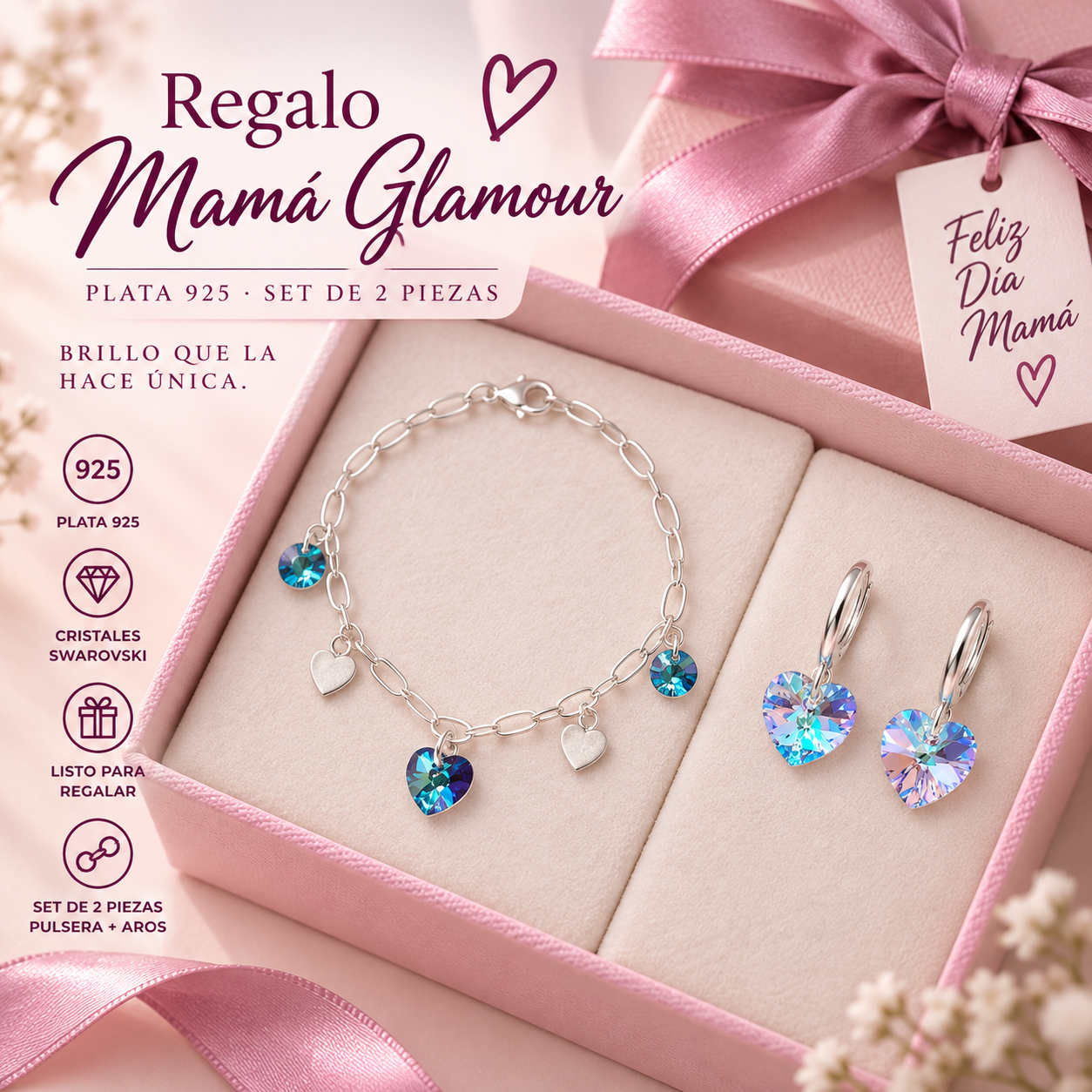 COMB2504- COMBO REGALO MAMÁ GLAMOUR SET PULSERA Y ARGOLLAS CON SWAROVSKI PLATA 925 (IMAGEN ILUSTRATIVA)