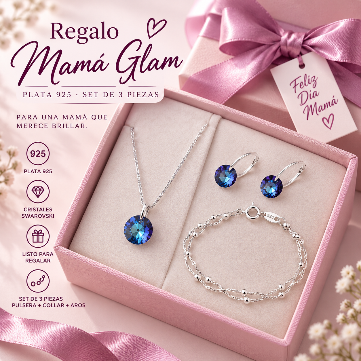 COMB2503- COMBO REGALO MAMÁ GLAM SET CADENA Y ARGOLLAS CON SWAROVSKI Y PULSERA DOBLE PLATA 925 (IMAGEN ILUSTRATIVA)