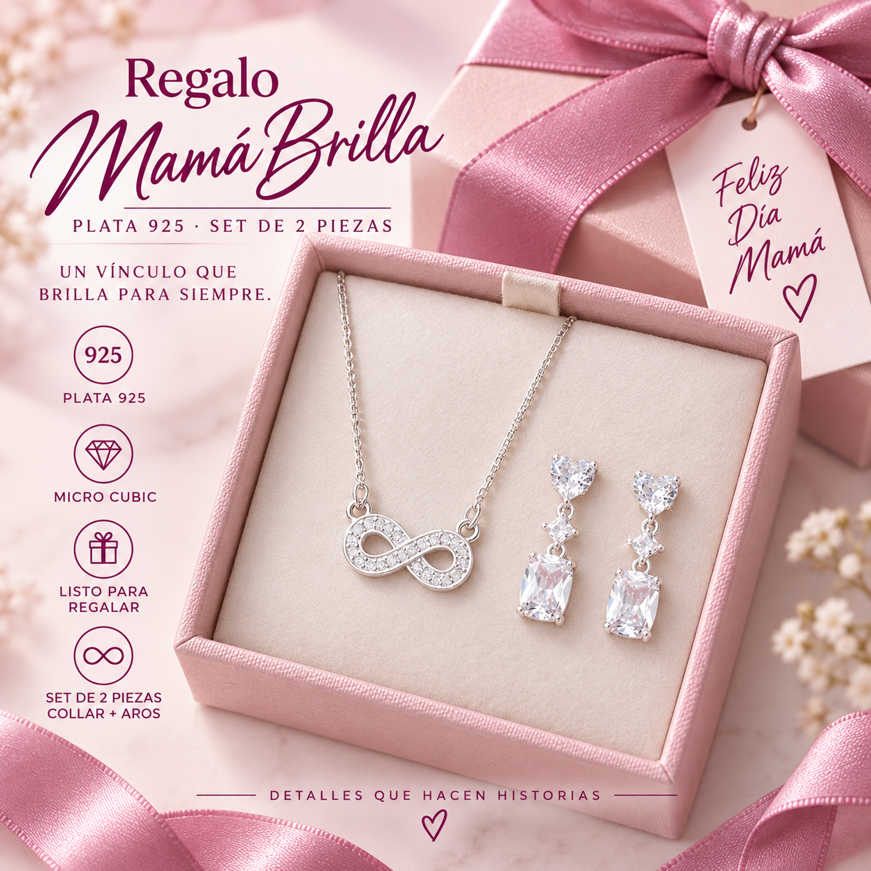 COMB2501- COMBO REGALO MAMA BRILLA COLLAR INFINITO Y AROS COLGANTES CUBIC PLATA 925 (IMAGEN ILUSTRATIVA)
