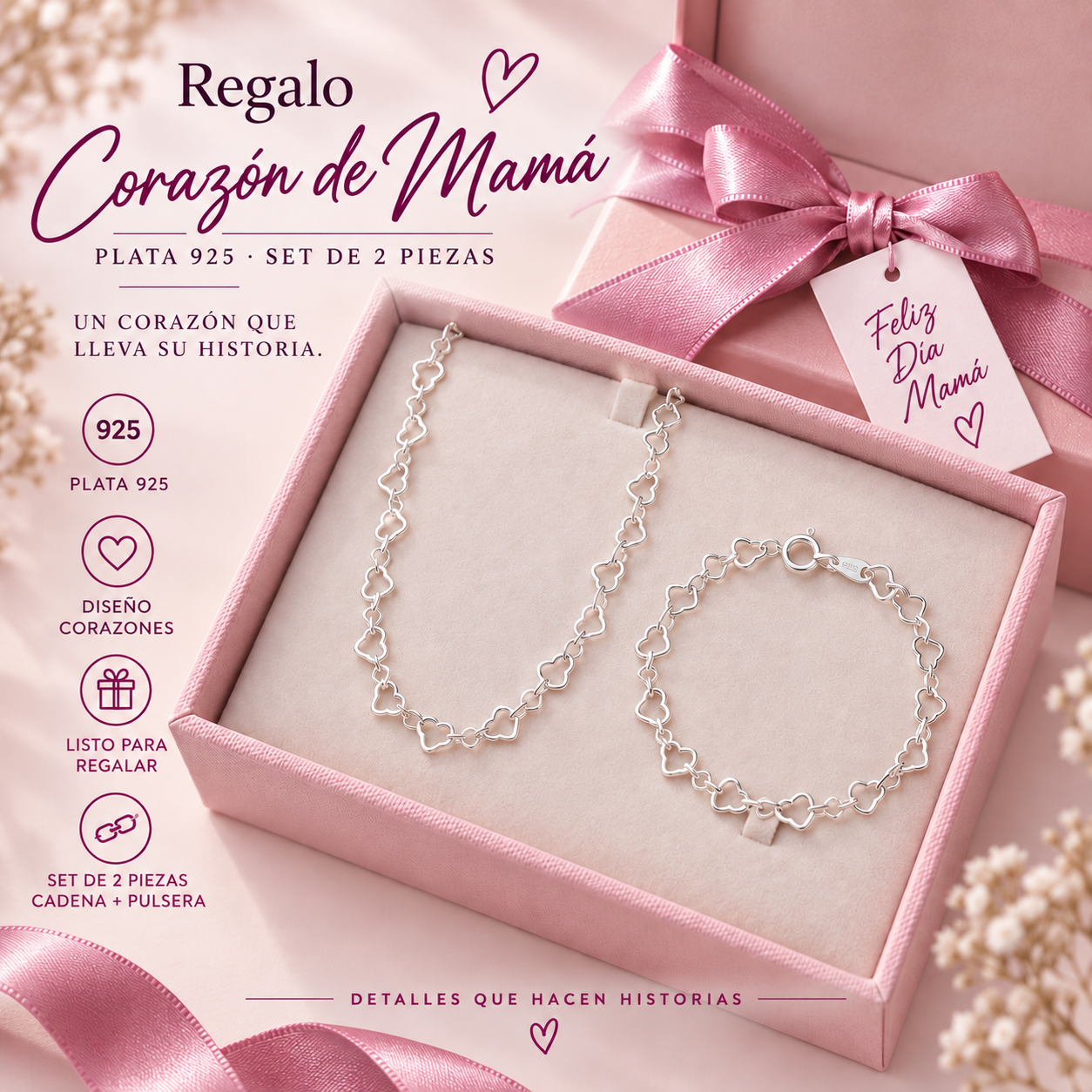 COMB2502- COMBO CORAZON DE MAMÁ COLLAR Y PULSERA CORAZONES PLATA 925 (IMAGEN ILUSTRATIVA)