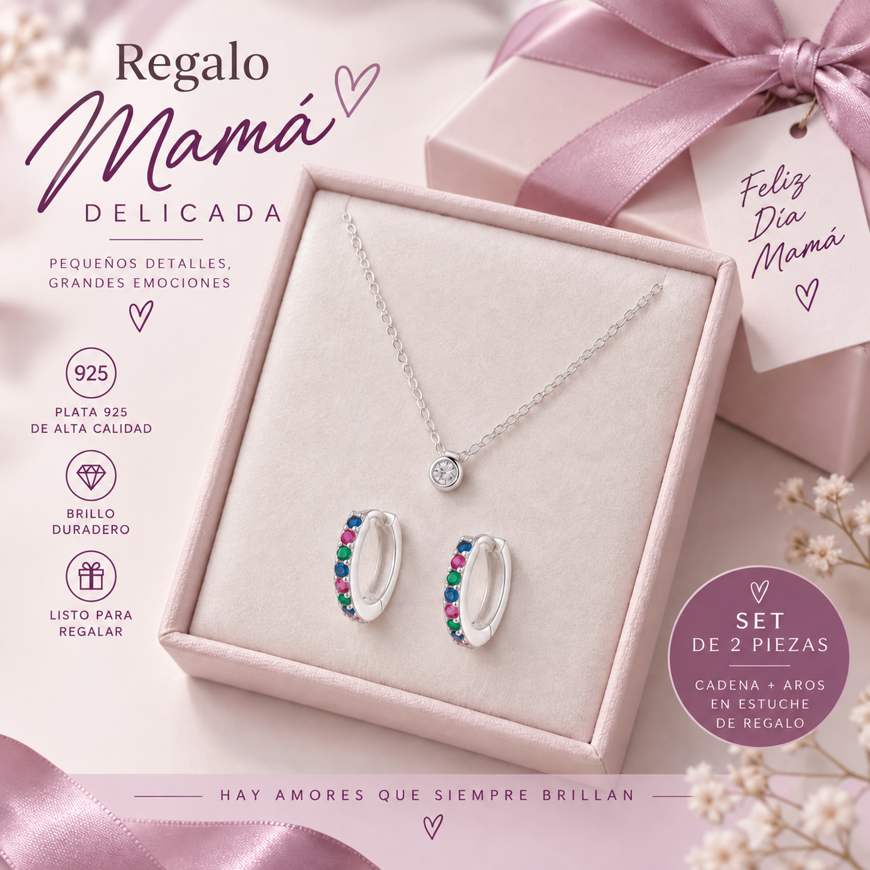 COMB1501F- COMBO REGALO MAMA DELICADA COLLAR Y HUGGIES PLATA 925 ( IMAGEN ILUSTRATIVA, PRODUCTOS SIN ELECCION SURTIDOS)
