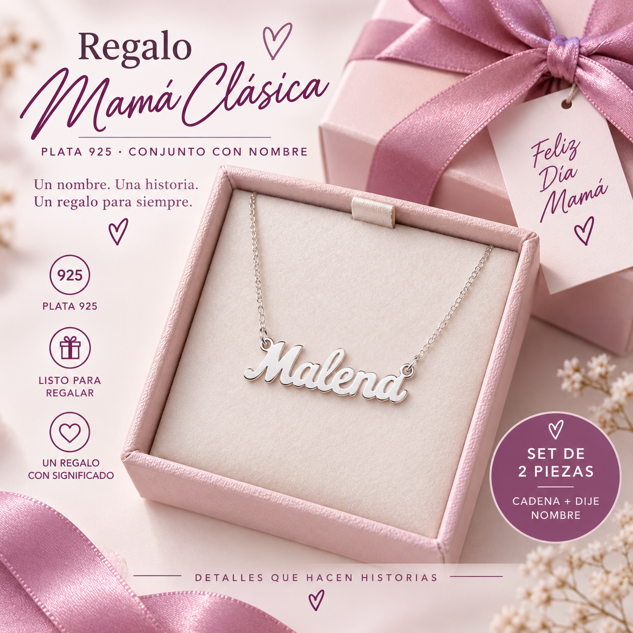COMB1501H- COMBO REGALO MAMA CLASICA COLLAR Y DIJE NOMBRE PLATA 925 (IMAGEN ILUSTRATIVA)