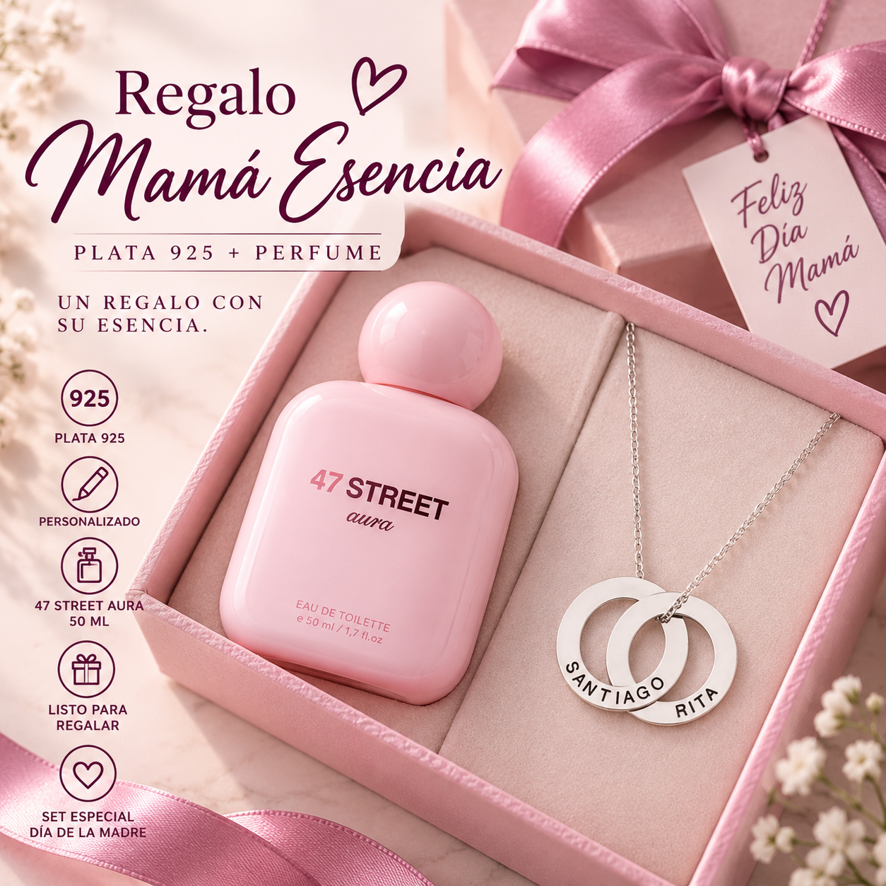 COMB2505- COMBO REGALO MAMÁ ESENCIA CADENA CON 2 ARGOLLAS RUSAS CON GRABADO Y PERFUME PLATA 925 (IMAGEN ILUSTRATIVA)