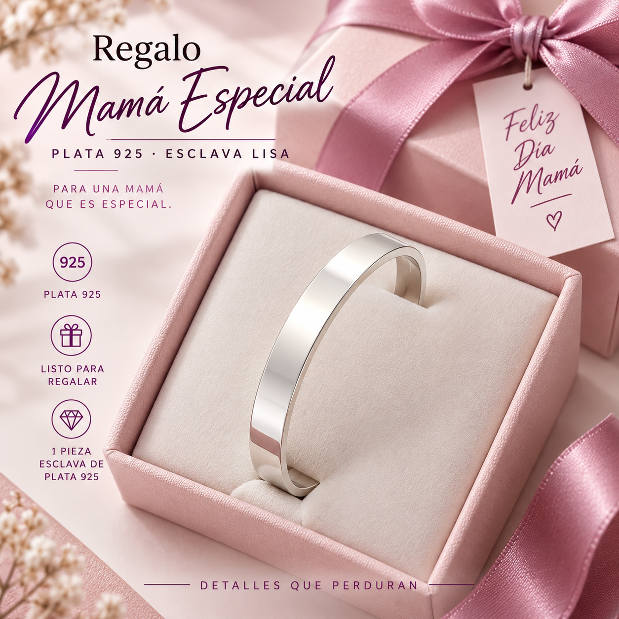 COMB1501I- COMBO REGALO MAMA ESPECIAL ESCLAVA LISA PLATA 925 (IMAGEN ILUSTRATIVA)