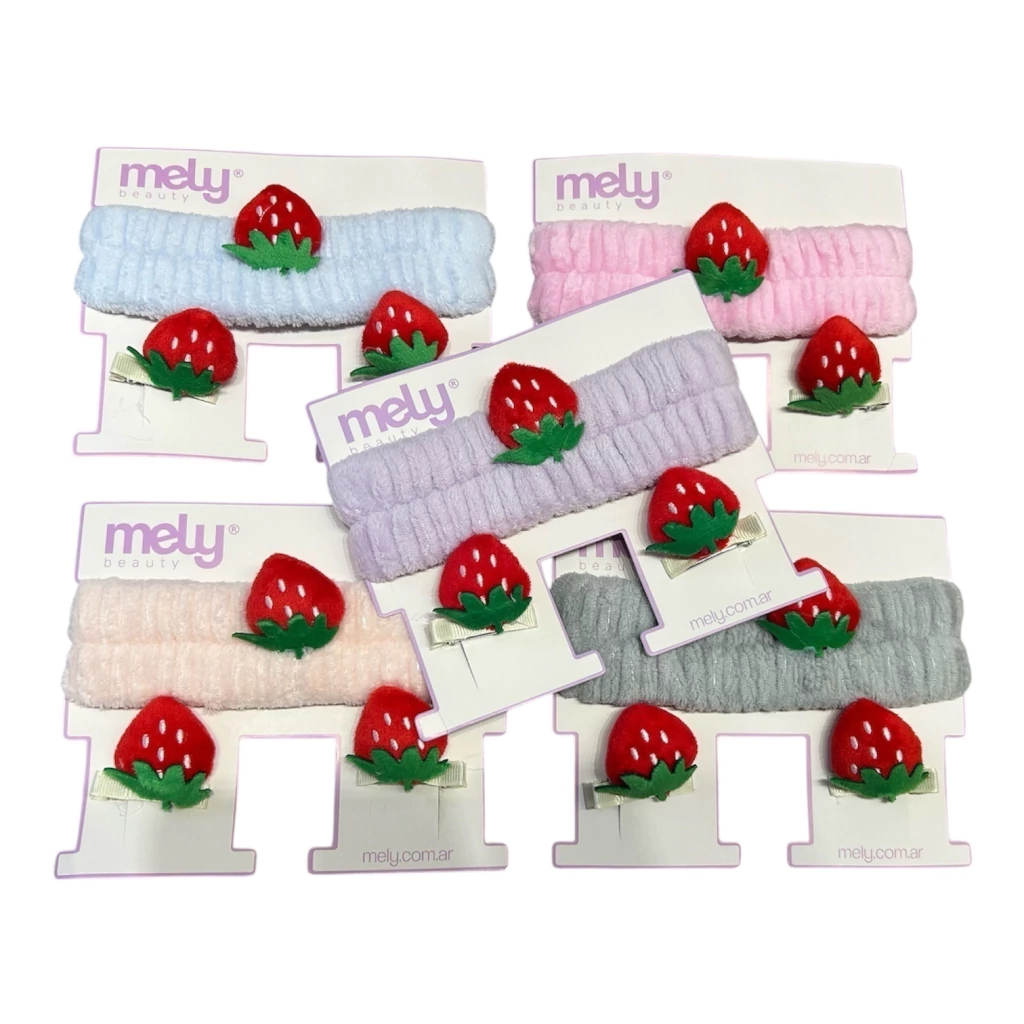 MK025- Kit Vincha Frutilla Para SkinCare + Par De Accesorio Para El Cabello - Mely - Imagen 2